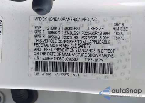 2016 Honda Cr-V Touring из США, поврежденный, VIN 5J6RM4H98GL090586